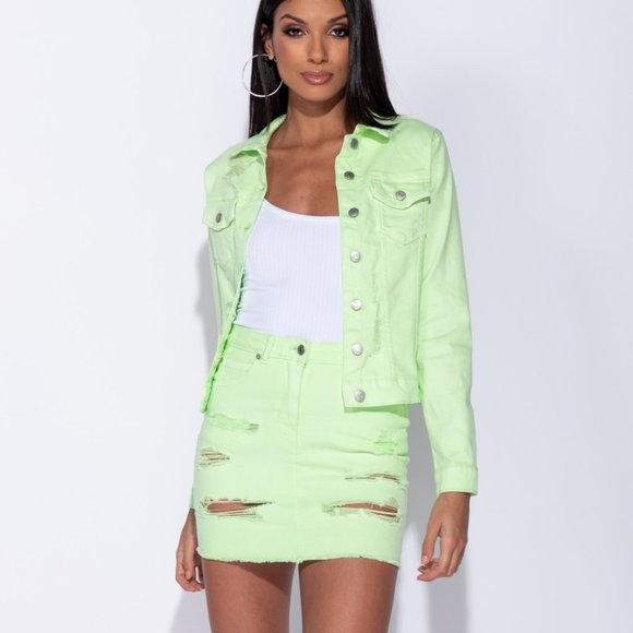 Rumors Neon Green Distressed Denim Jean Jacket - Picture 3 of 11